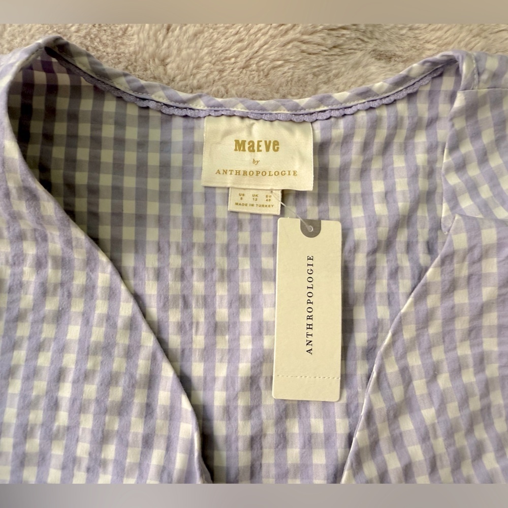 NWT Anthropologie Maeve Cropped Gingham Blouse Lilac Lavender Size 8 - Picture 6 of 9